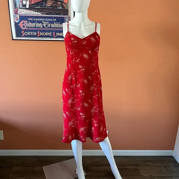 strapless open back dress Red Floral Print Midi Dress - Boho Midi Dress